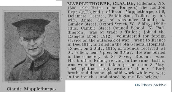 Mapplethorpe C Rfn 1508 12th London Regiment Obit