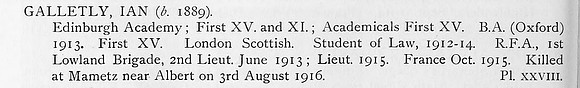 Galletly I Lt Royal Field Artillery Obit