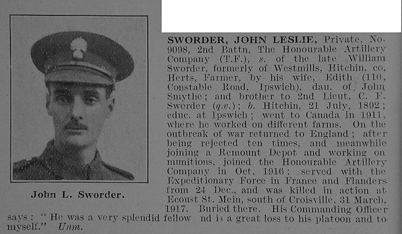 Sworder J L Pte 9098 2nd Honourable Artillery Company Obit De Ruvignys Roll Of Honour Vol 3