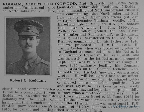 Roddam R C Captain 1st Northumberland Fusiliers Obit