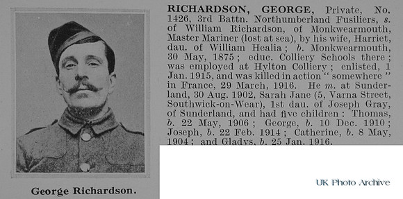 Richardson G Pte 1426 3rd Northumberland Fusiliers Obit