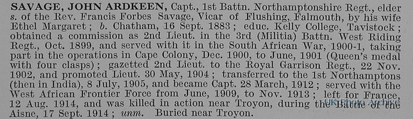 Savage J A Captain 1st Northamptonshire Regiment