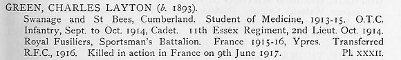 Green C L 2nd Lt Royal Flying Corps Obit