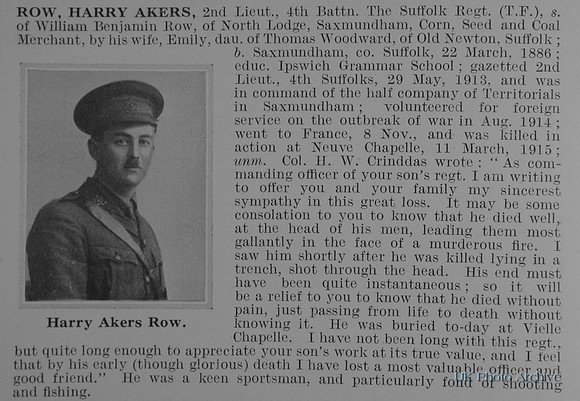 Row H A 2nd Lt 4th Suffolk Regiment Obit