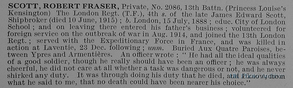 Scott R F Pte 2086 13th London Regiment