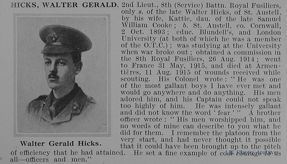 Hicks W G 2nd Lt 8th Royal Fusiliers Obit