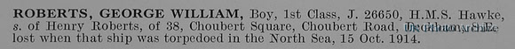 Roberts G W Boy 1st Class J/26650 HMS Hawke Royal Navy