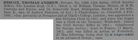Hiscox T A Pte 1369 15th London Regiment Obit