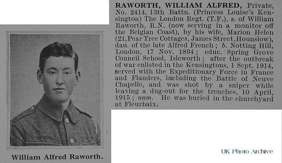 Raworth W A Pte 2414 13th London Regiment Obit