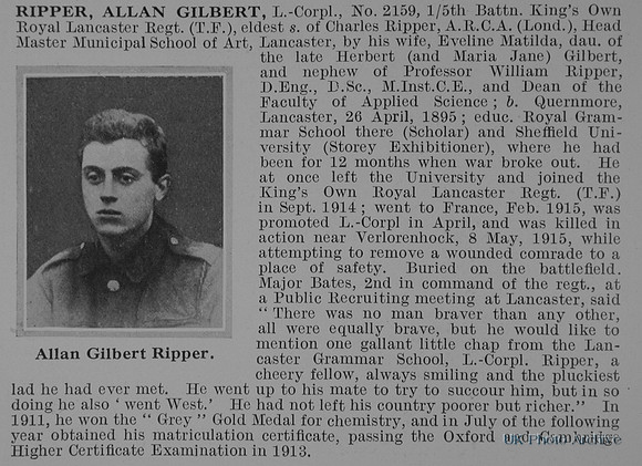 Ripper A G L/Cpl 2159 5th Kings Own Royal Lancaster Regiment Obit