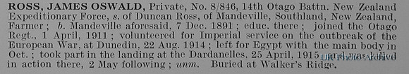 Ross J O Pte 8/846 14th Otago Btn New Zealand Expeditionary Force