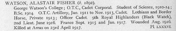 Watson A F 2nd Lt 9th Black Watch Obit