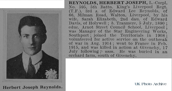 Reynolds H J L/Cpl 595 5th Kings Liverpool Regiment Obit