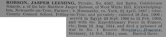 Robson J L Pte 6567 3rd Coldstream Guards