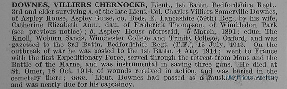 Downes V C Lt 1st Bedfordshire Regiment Obit