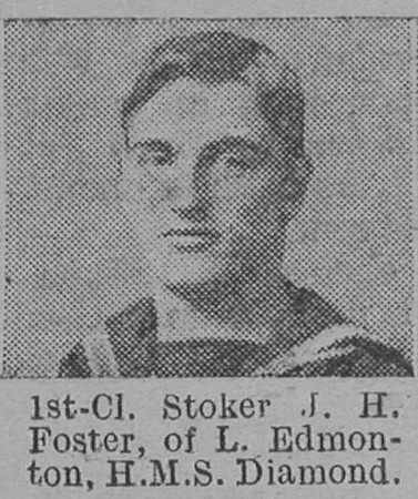 Foster J H Stoker 1st Class HMS Diamond Royal Navy Of Edmonton The Vivid 24th April 1915