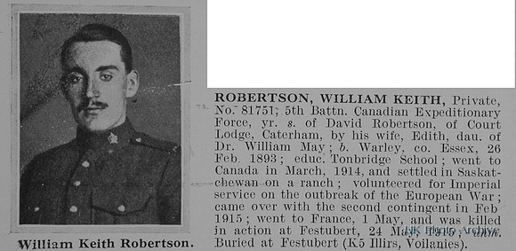 Robertson W K Pte 81751 5th Canadian Expeditionary Force Obit