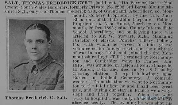 Salt T F C 2nd Lt 11th South Wales Borderers Obit Part 1
