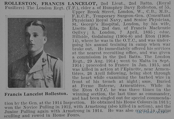 Rolleston F L 2nd Lt 2nd London Regiment Obit