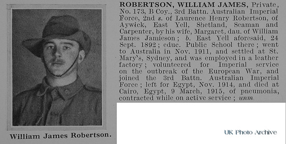 Robertson W J Pte 173 3rd Australian Imperial Force Obit