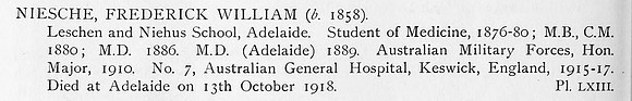 Niesche F W Major Australian Medical Corps Obit