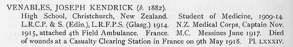 Venables J K Captain MC New Zealand Medical Corps Obit