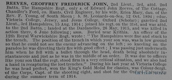 Reeves G F J 2nd Lt 2nd Hampshire Regiment