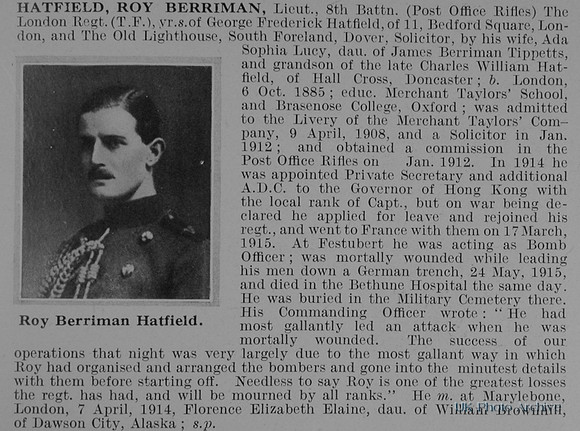 Hatfield R B Lt 8th London Regiment Obit