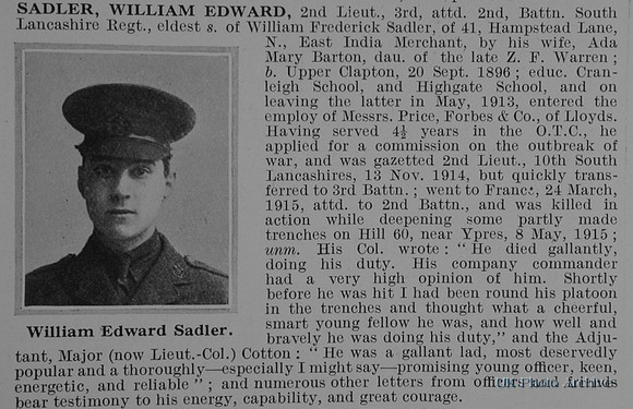 Sadler W E 2nd Lt 2nd South Lancs Regiment Obit