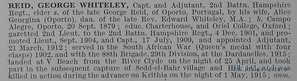 Reid G W Captain 2nd Hampshire Regiment
