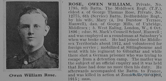 Rose O W Pte 1795 8th Middlesex Regiment Obit