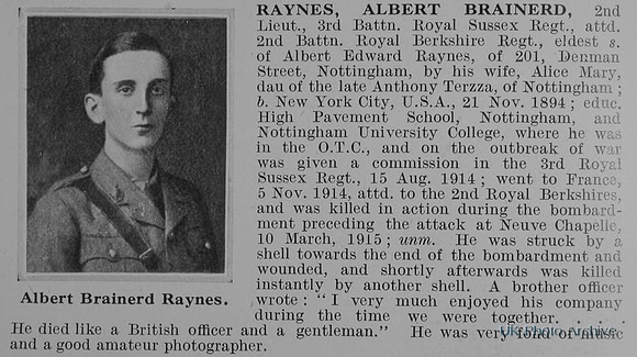 Raynes A B 2nd Lt 3rd Royal Sussex Regiment Obit