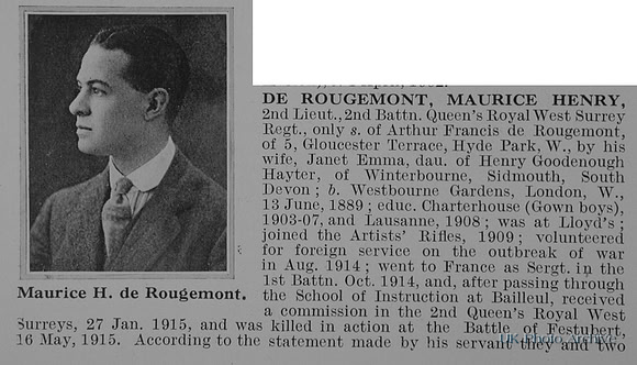 De Rougemont M H 2nd Lt 2nd Queens Royal West Surrey Regiment Obit Part 1