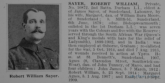 Sayer R W Pte 10872 2nd Durham Light Infantry Obit