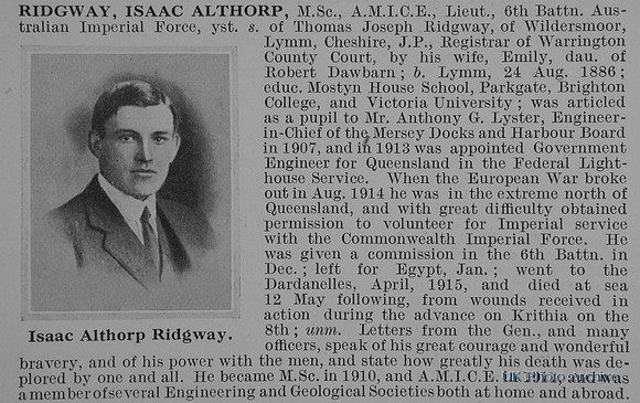 Ridgway I A Lt 6th Australain Imperial Force Obit