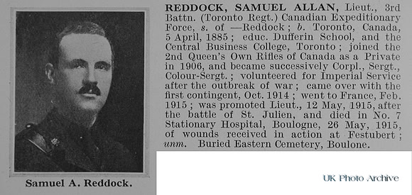 Reddock S A Lt 3rd Canadian Expeditionary Force Obit