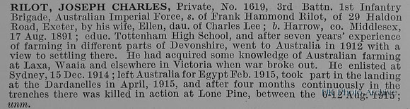 Rilot J C Pte 1619 3rd Australian Imperial Force