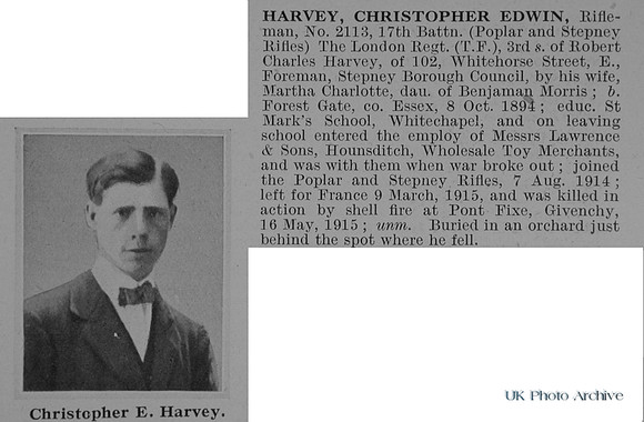 Harvey C E Rfn 2113 17th London Regiment Obit