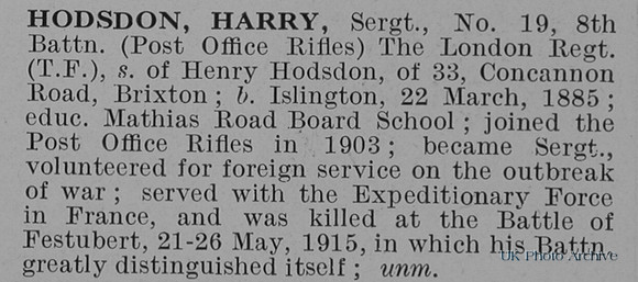 Hodsdon H Sergt 19 8th London Regiment Obit