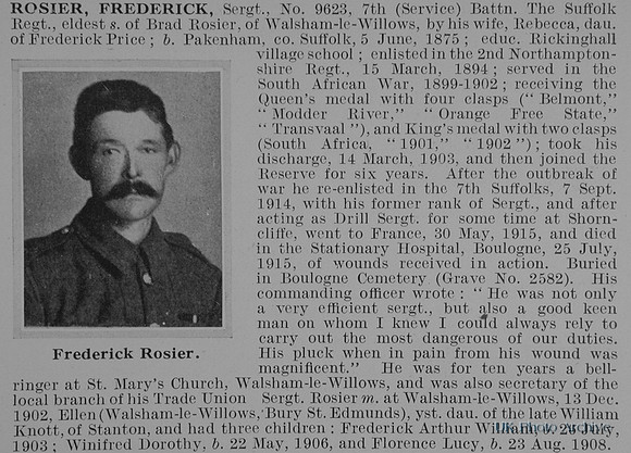Rosier F Sergt 9623 7th Suffolk Regiment Obit