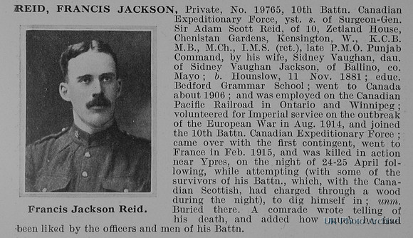 Reid F J Pte 19765 10th Canadian Expeditionary Force Obit