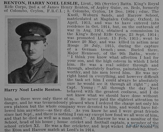 Renton H N L Lt 9th Kings Royal Rifle Corps Obit