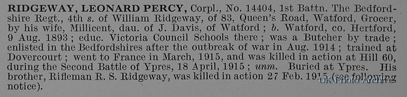 Ridgeway L P Cpl 14404 1st Bedfordshire Regiment