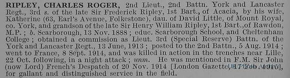 Ripley C R 2nd Lt 2nd York And Lancs Regiment