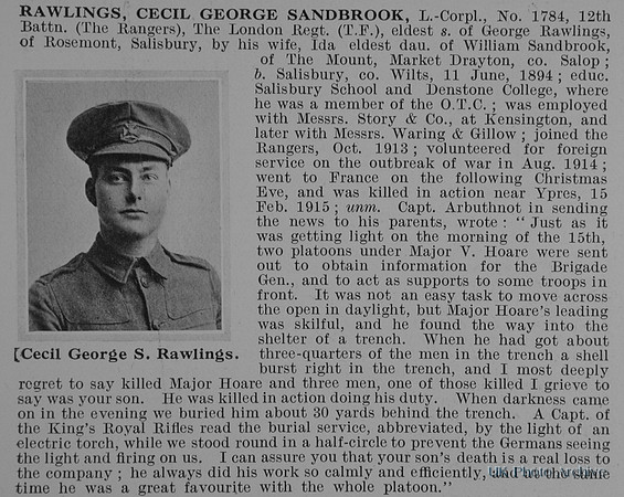 Rawlings C G S L/Cpl 1784 12th London Regiment Obit