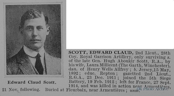 Scott E C 2nd Lt Royal Garrison Artillery Obit