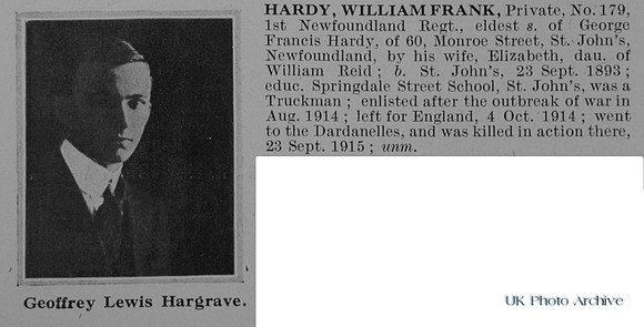 Hardy W F Pte 179 1st Newfoundland Regiment Obit