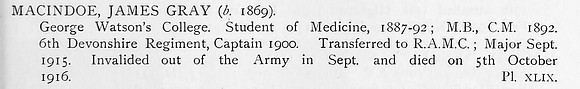 MacIndoe J G Major Royal Army Medical Corps Obit