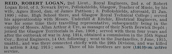 Reid R L 2nd Lt Royal Engineers