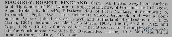 MacKirdy R F Captain 5th Argyll And Sutherland Highlanders Obit